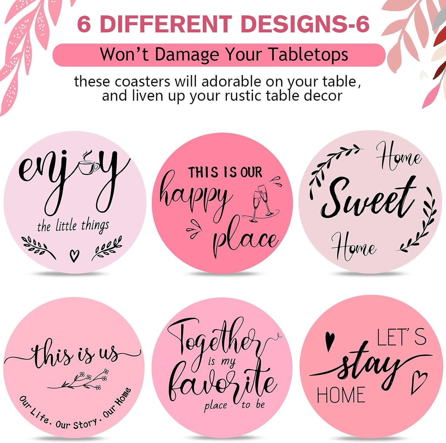 Queekay Housewarming Gifts for Home Decoration Wooden Heart Coasters for Drinks 6 Set Farmhouse Coasters with Holder Funny for Family Coffee Table Protection, 4''(Pink)