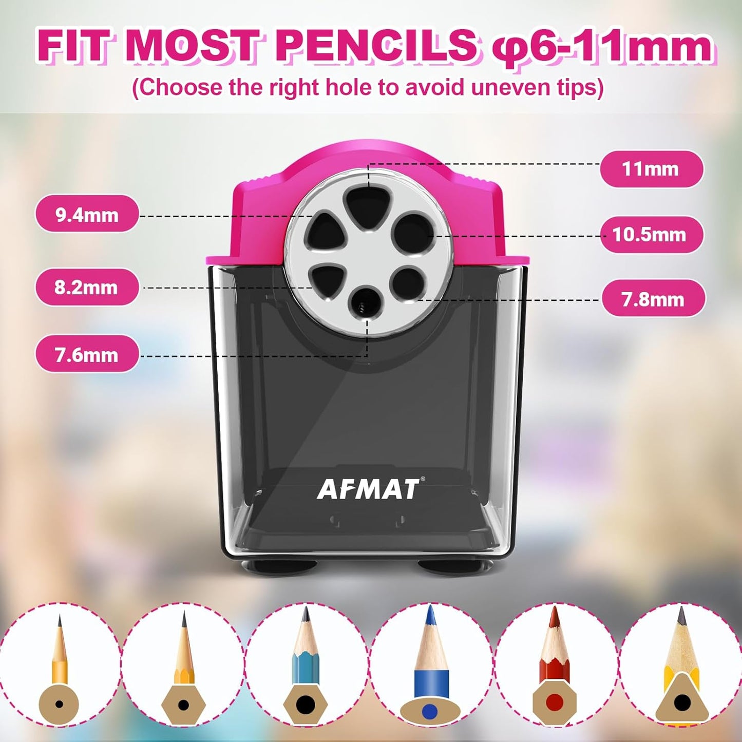 AFMAT PSX4 Electric Pencil Sharpener Heavy Duty, 6-Hole Classroom Pencil Sharpener for 6-11mm Pencils, Auto Stop Pencil Sharpeners Plug in, 10,000+ Sharpenings, Save Colored Pencils, Teacher Must Have