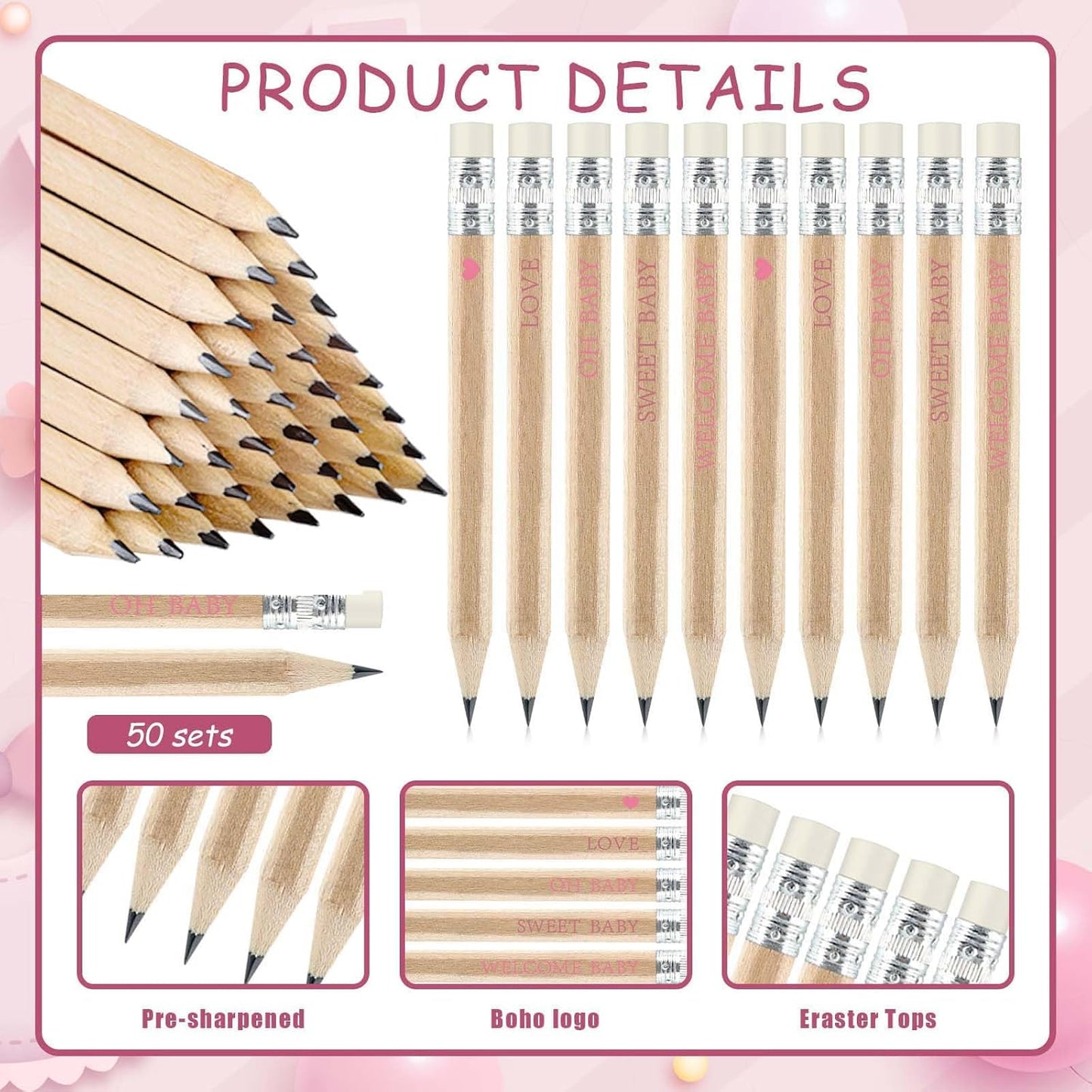 50 Sets Pink Baby Shower Pencils Gifts Bulk for Guest Golf Half Pencils Baby Shower Game Sharpened Mini Pencil with Eraser It's A Girl Gender Reveal Party Favors