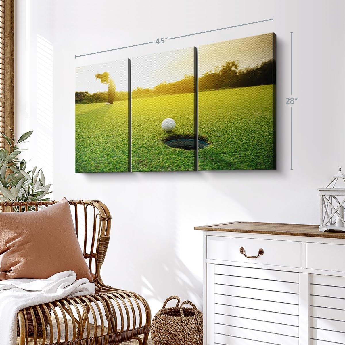 ElephantStock Golf Ball Strike Wall Art - Horizontal Canvas - 3-Piece Living Room Wall Decor - Photography Sports Canvas Print - Green and White Decor for Wall - 45" X 28"