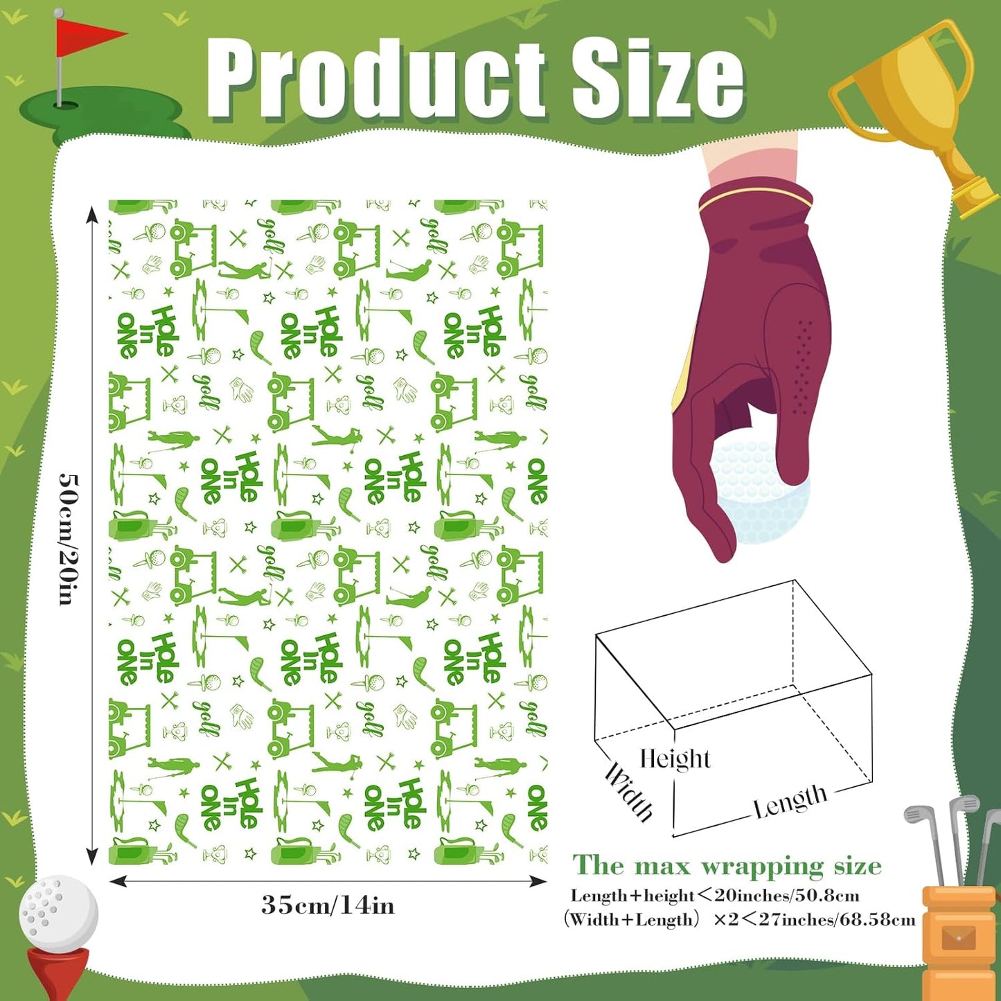 100 Sheets Golf Tissue Papers, Hole in One Gift Wrapping Tissue Papers for Gift Bag & Packaging, Green Golf Sports Theme Art Paper with Golf Club Ball Cart for Birthday Sports Party Decor, 20 x 14IN