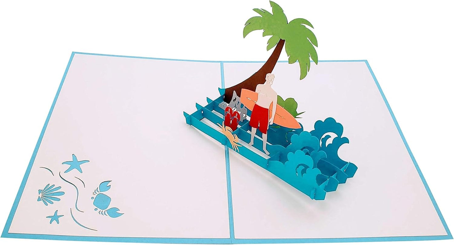 iGifts And Cards Blue Wave Surfer 3D Pop-Up Card – Ocean Escape, 5" x 7", Tropical Beach Theme, Unique Gift for Guy Surfers, Summer Vibes, Birthdays, Special Events, and Coastal Adventure Lovers