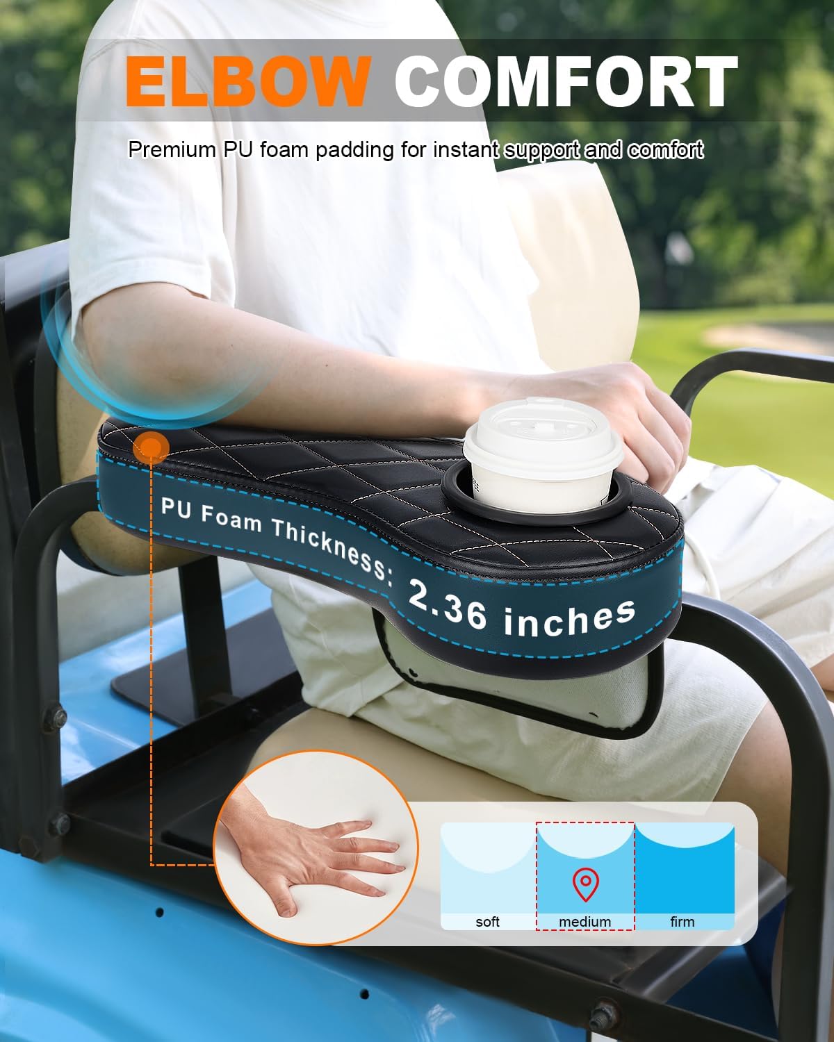 Golf Cart Armrest with Cup Holder & Rear Seat Organizer, No Drilling Golf Cart Diamond Arm Rest Fits 1" Square Tube Frame Compatible with EZGO Club Car Yamaha, Enhanced Storage & Comfort