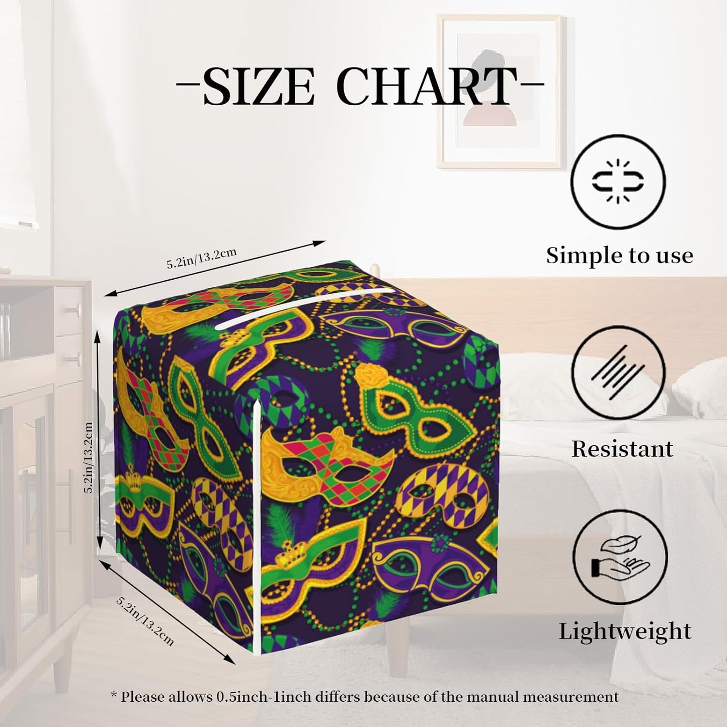 Tissue Box Cover Holder, Colorful Mardi Gras Masks PU Leather Square Tissue Box Cover Decorative Organizer for Bathroom Kitchen Bedroom Vanity Countertop Night Stands