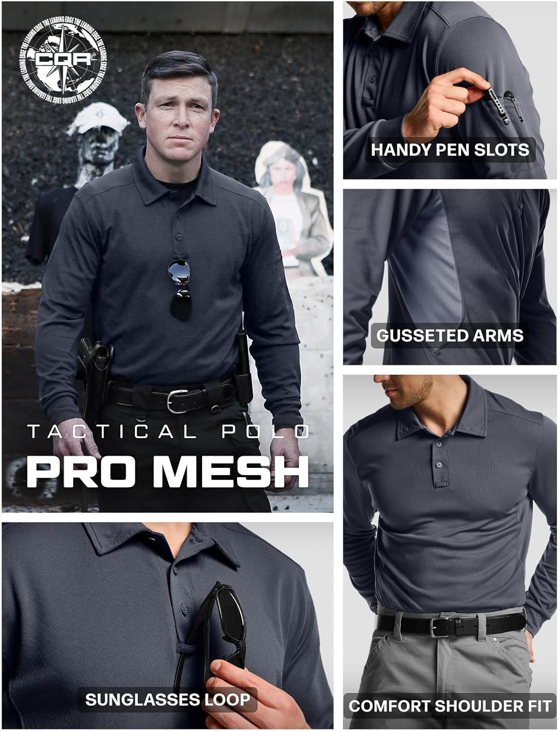 CQR Men's Polo Shirt, Long Sleeve Tactical Shirts, Outdoor UPF 50+ Pique Shirt, Dry Fit Lightweight Golf Shirts