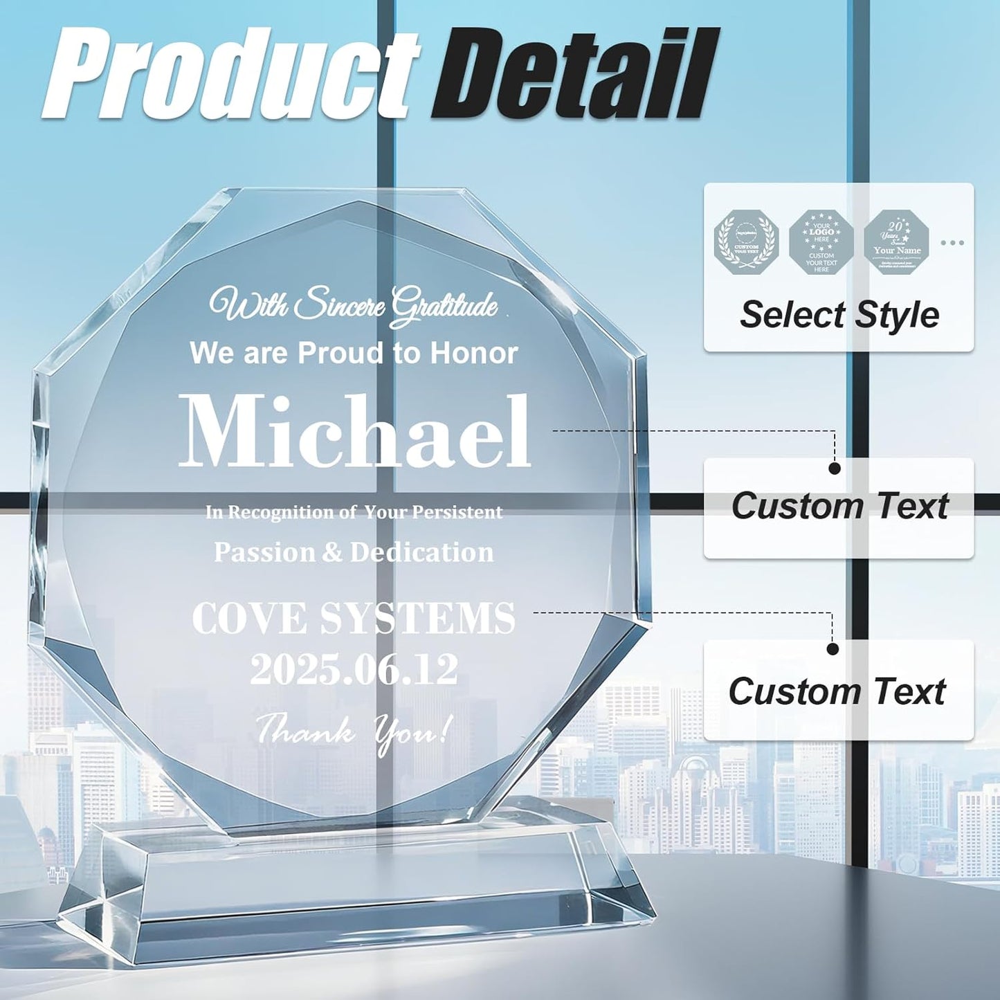 Personalized Crystal Trophy - Customizable Trophy Award with Name/Logo/Text for Retirement Plaque Employee Recognition Trophies