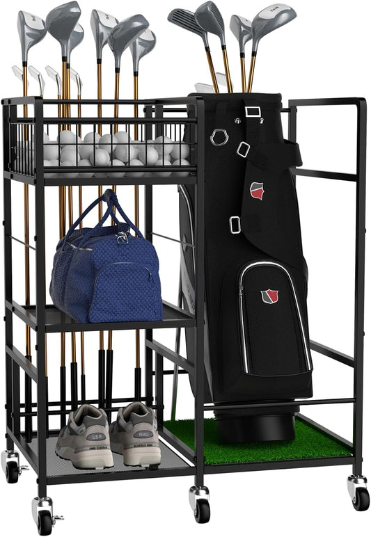 Golf Bag Organizer Rack Golf Club Storage Organizer for Garage Metal Golf Club Holder with Wheels 3 Tier Golf Bag Stand for Club, Balls, Shed and Basement, Black