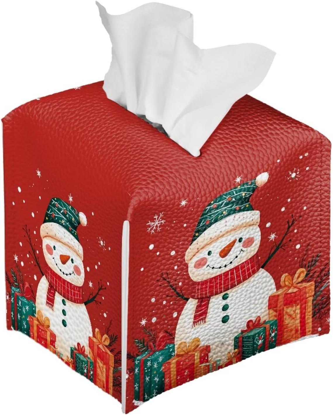Christmas Tissue Box Cover Cube Cute Snowman PU Leather Decorative Tissue Box Holder Square Funny Tissue Case Cover Holiday Home Bathroom Accessories for Bedroom Living Room