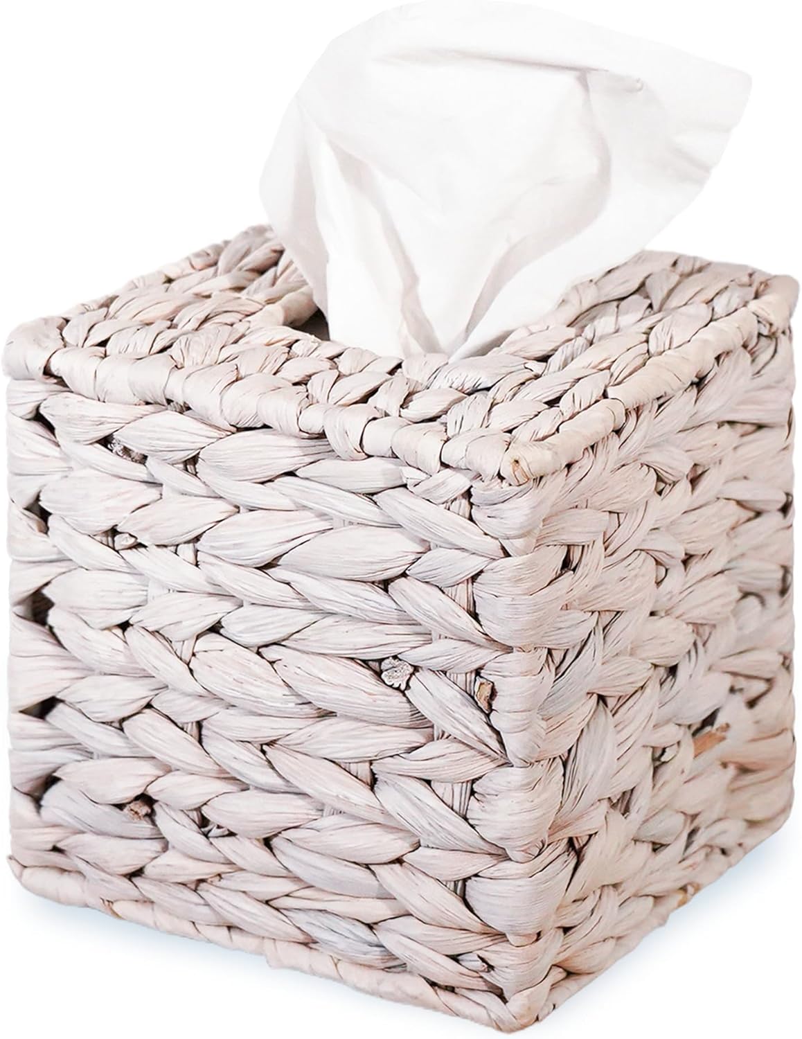 Water Hyacinth Handwoven Tissue Box Cover, Natural Handmade Wicker Napkin Box Holder, Handcrafted Square Facial Tissue, Rustic Decorative on Table and Bathroom, Office, Boho Decorative, Whitewash