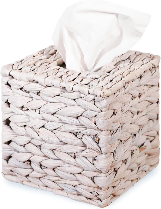 Water Hyacinth Handwoven Tissue Box Cover, Natural Handmade Wicker Napkin Box Holder, Handcrafted Square Facial Tissue, Rustic Decorative on Table and Bathroom, Office, Boho Decorative, Whitewash