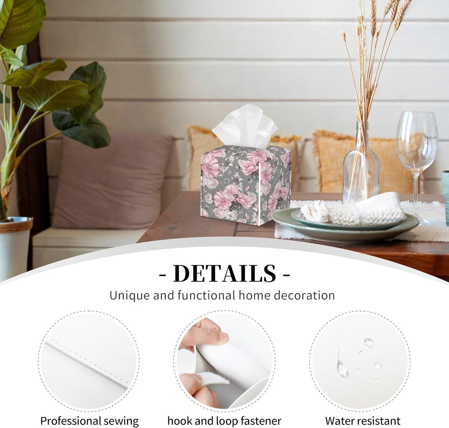 Tissue Box Holder Pink Flowers and Leaves Tissue Box Cover Square Leather Tissue Holder Organizer Portable Decorative Facial Paper Case for Home Office Bathroom Vanity Countertop