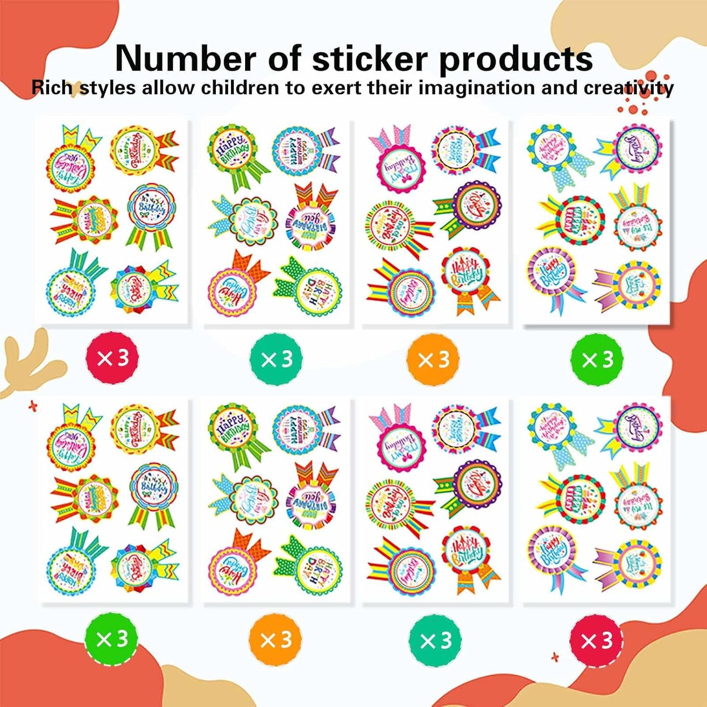 144PCS Happy Birthday Badge Stickers, Birthday Gift Stickers for Kids Adults, Birthday Labels for Home, Classroom Birthday Party Envelope Card Gift Wrapping