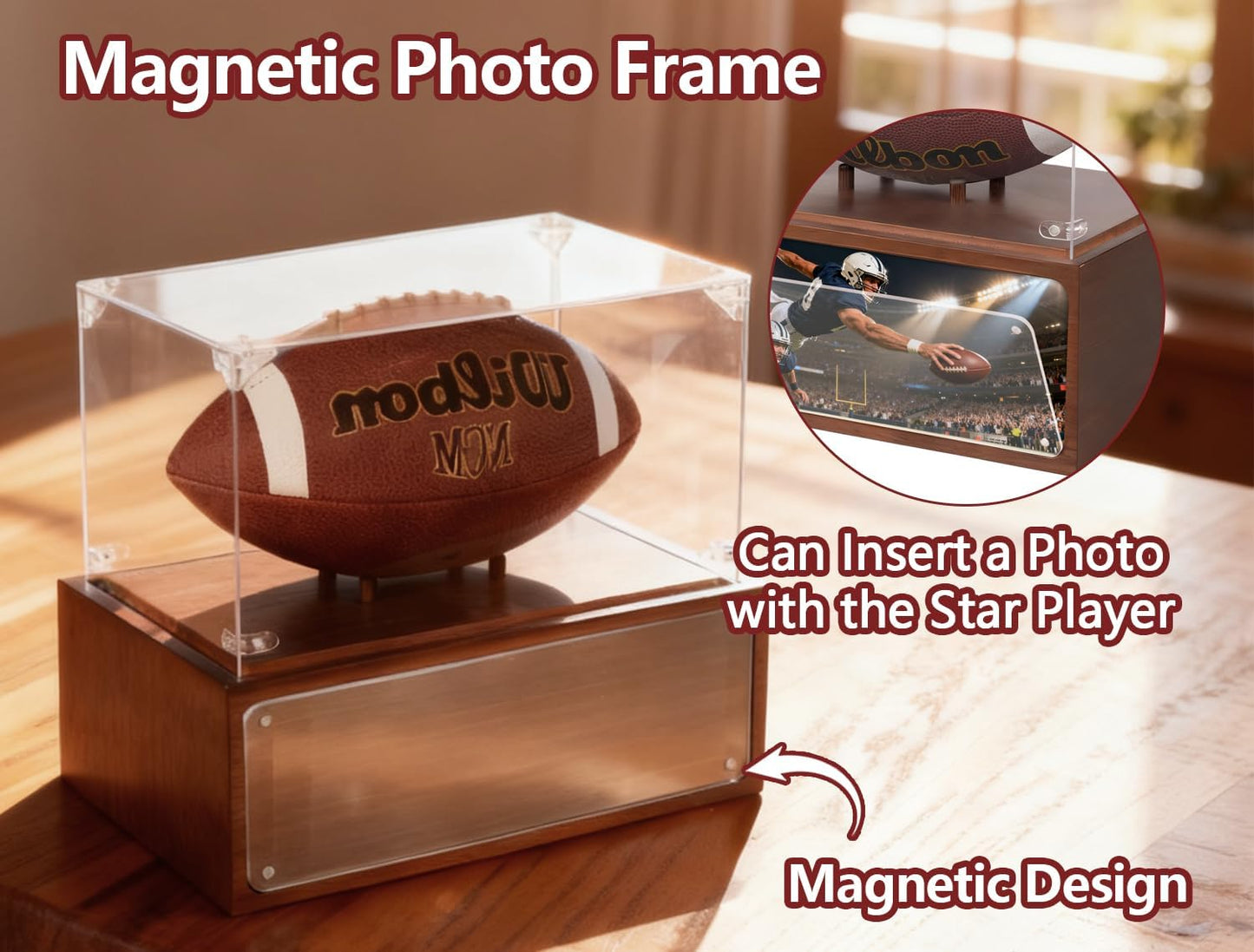 Football Display Case Stand with Solid Wood Base, Uv Protected Acrylic Rugby Case Display Clear Autographed Football Holder, Standard Memorabilia Keepsake Required Football Display Box