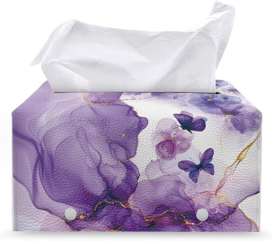 Purple Marble Print Tissue Box Cover Rectangle Marble Floral Tissue Box Cover PU Leather Tissue Cover Decorative Organizer Tissue Box for Home Car Hotel Office Indoor Decorations