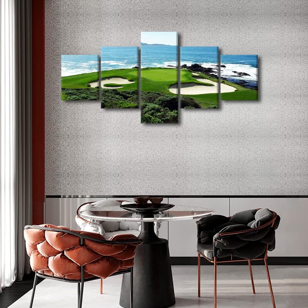 Pebble Beach Golf Course-California USA Wall Art Canvas Prints Wall Decor Picture 5 Panel Blue Sky Sea Golf Course Coast Decorations for Home Office Poster Framed Stretched Ready to Hang - 50"W x 24"H