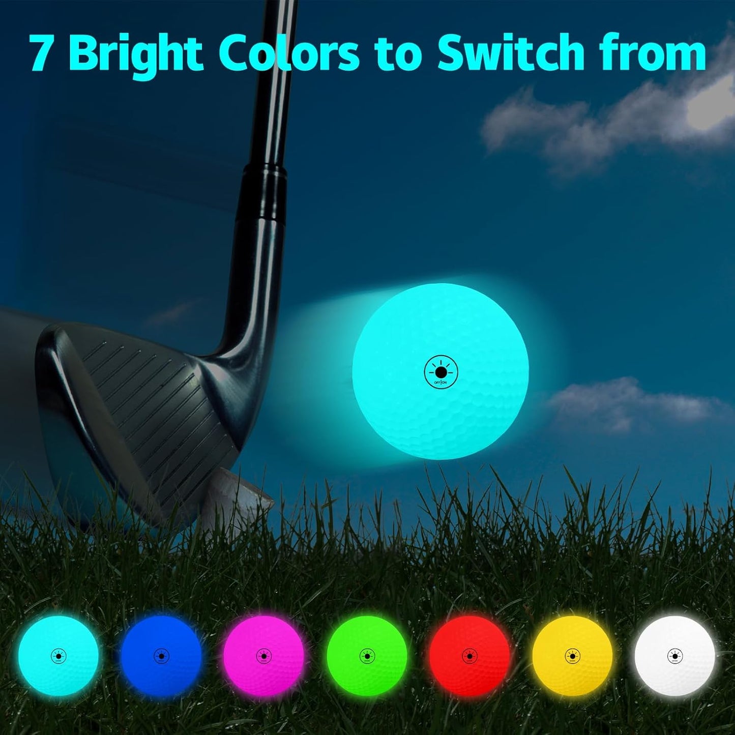 THIODOON Glow in The Dark Golf Balls - 7 Color LED, No Timer, Easy On/Off, 6 Pack
