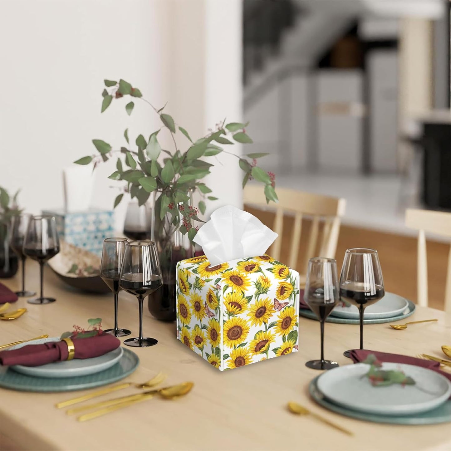 Tissue Box Cover Square,Sunflowers and Butterfly Tissue Box Holder Waterproof Leather Facial Paper Case Modern Home Decoration for Bedroom Dresser Night Stand Office Desk