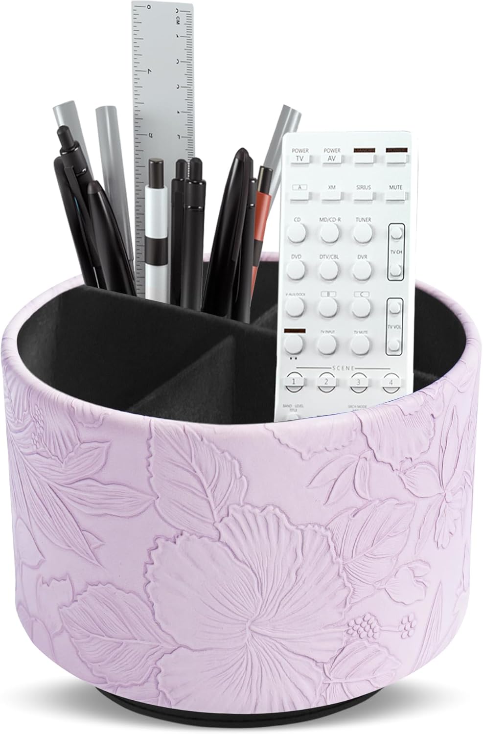 Hennaja Round Leather Art Supply Organizer,Remote Control Holder,360 Degree Spinning,Multi-Functional Pencil Holder,4 Compartments Desktop Stationary Organizer(1-Carved Purple)