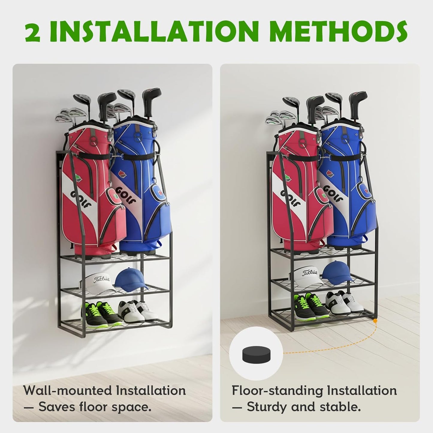 Wall Mount Golf Bag Organizer for Garage, Heavy Duty Golf Storage Rack Holds 2 Bags, Freestanding Golf Bag Stand and Accessories Holder for Home & Shed
