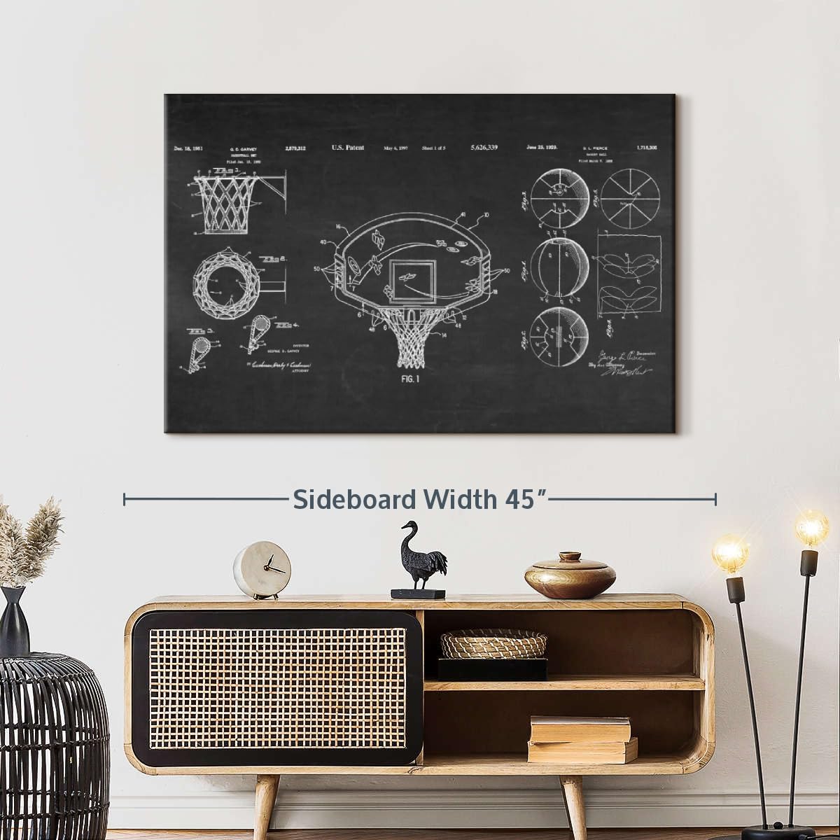 ElephantStock Basketball Patents Canvas - 1 Panel Sports Patent Wall Art Decor - Sports Decorations for Boys Room - Wall Art and Office Decor - 39" X 26"