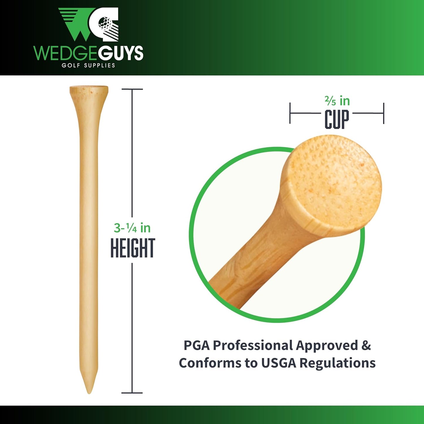 Wedge Guys Bamboo Golf Tees 3-1/4" | 100,250 or 1000 pcs. | Extra Durable & Stronger Than Wood Tees | Biodegradable & Less Friction | PGA Professional Approved, Golf Tees Bulk Bag