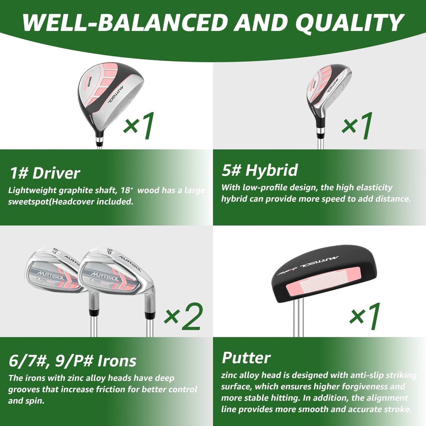 5/6 Pieces Kids Golf Club Set, Junior Golf Club Set Ages 4-12 Includes Stand Bag, 1# Drive, 5# Hybrid, 6/7#, 9/P# Irons and Putter Right Hand for Boys Girls