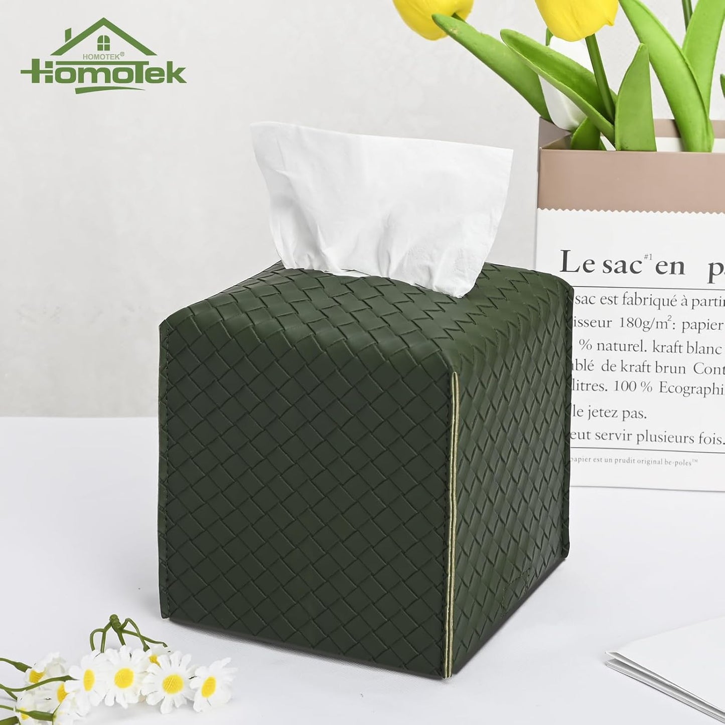 HOMOTEK 2 Pack Tissue Box Cover, Square PU Leather Tissue Holder, Decorative Facial Tissue Cube Paper Organizer Dispenser for Bathroom, Night Stands, Desk, Car 5X5X5'' - Woven Waffle,Emerald Green