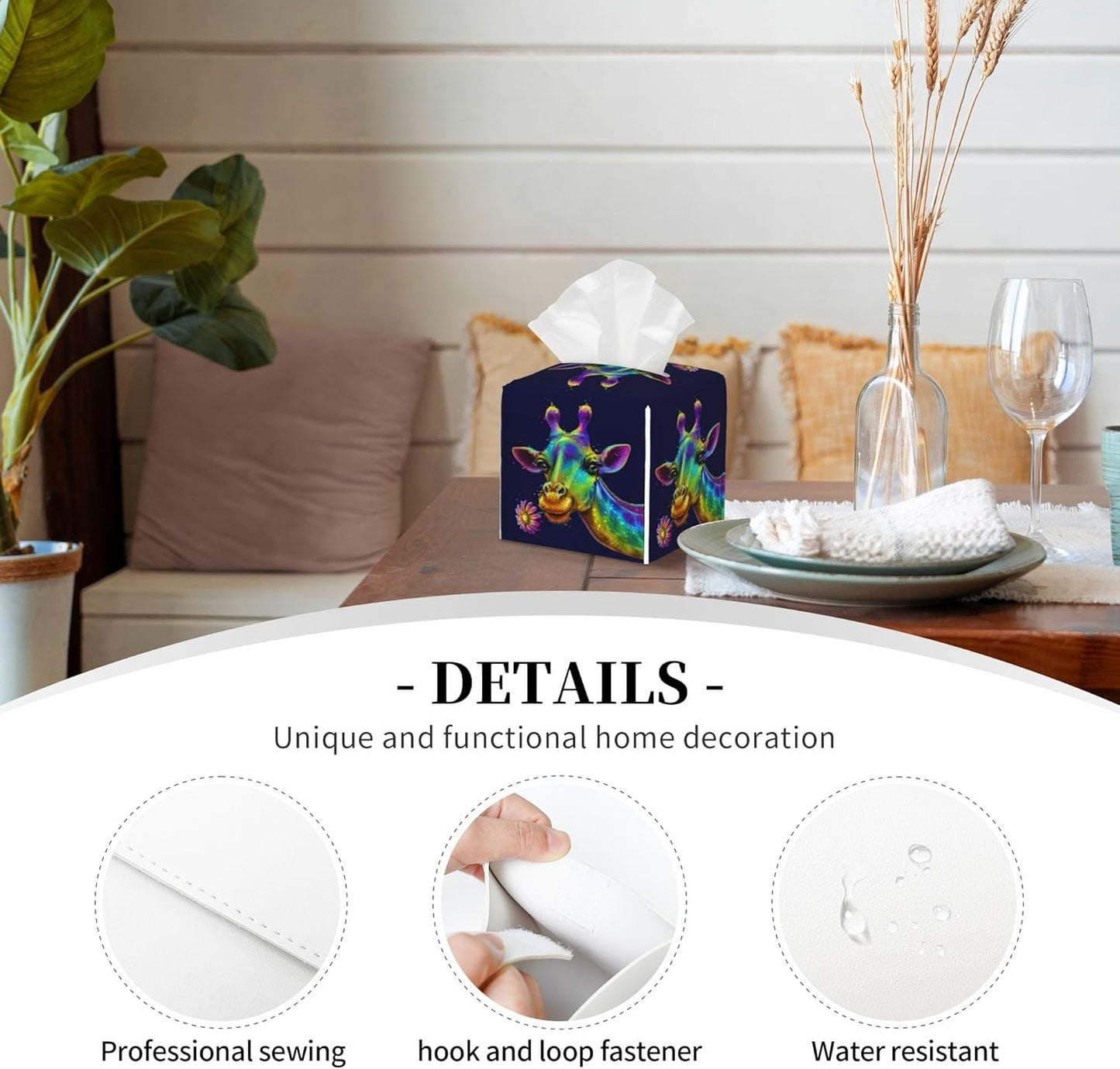 Leather Tissue Box Holder Colorful Giraffe Tissue Box Cover Square Waterproof Tissue Holder Organizer Modern Napkin Holder for Bedroom Dresser Night Stand Office Desk