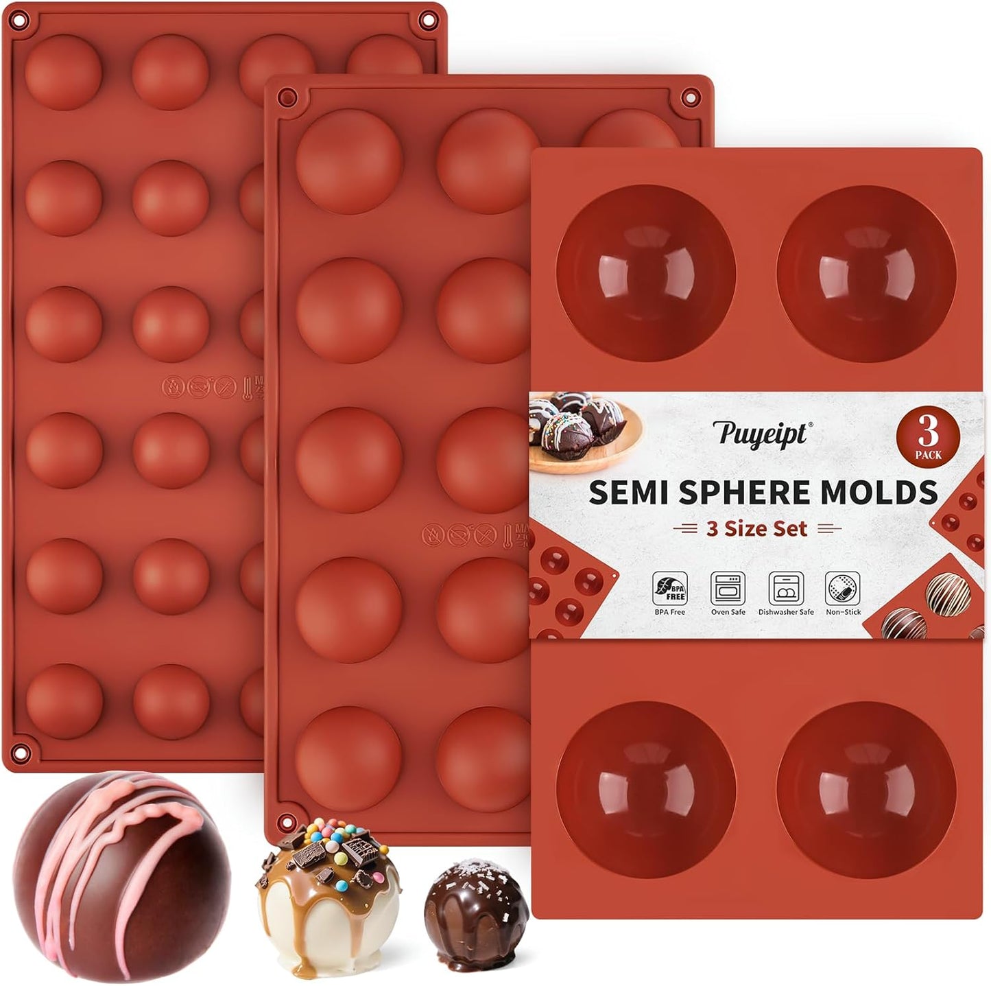 3 Pack Semi Sphere Silicone Molds, 1.1/1.5/2.6 Inch Hot Chocolate Bombs Mold Half Sphere Silicone Baking Mold for Chocolate, Cake, Jelly, Dome Mousse
