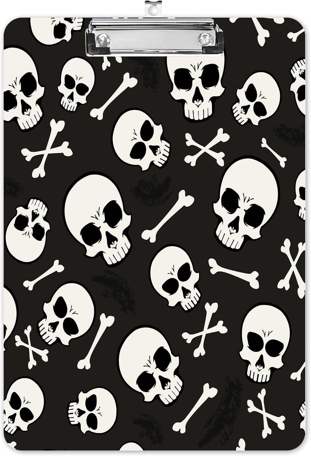 Fashion A4 Clipboard, Standard Letter Size 9" x 12.5", Decorative Wooden Clipboard with Low Profile Metal Clip for Office, School, Teachers, and Students, White Black Skull