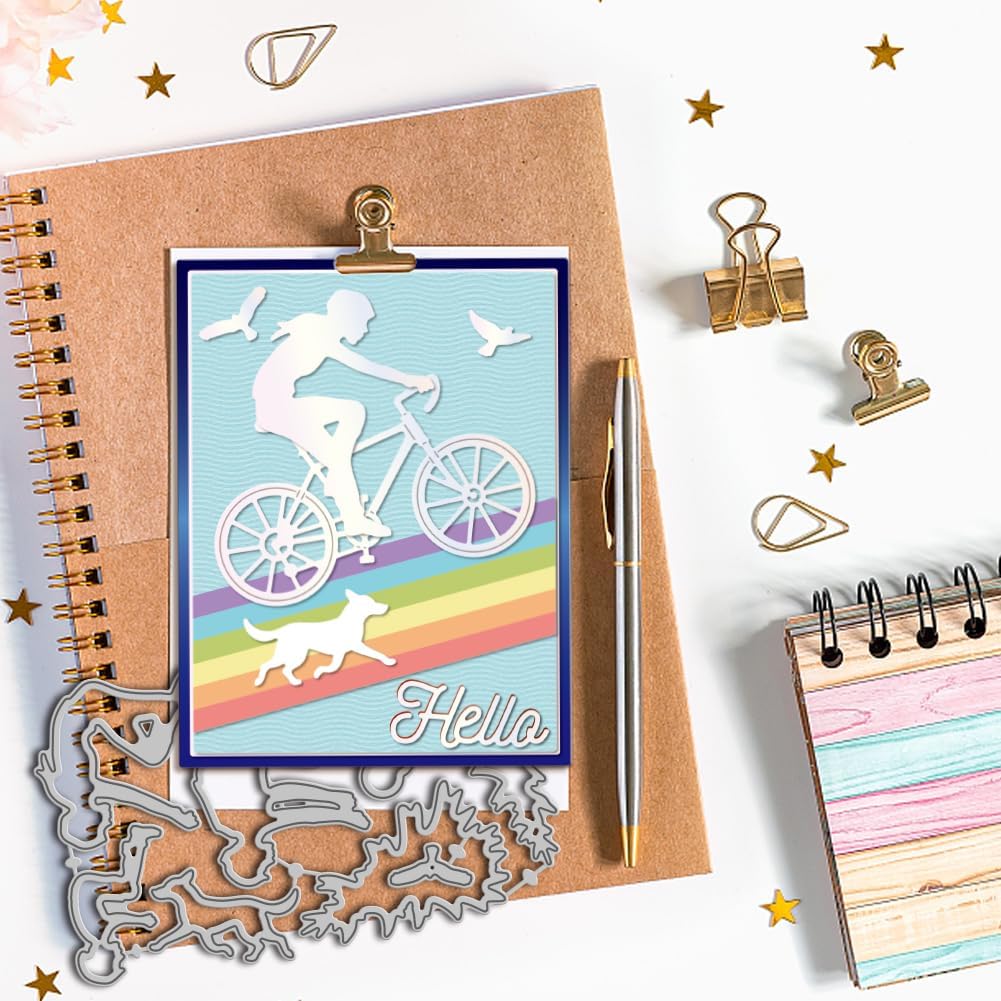 GLOBLELAND Cycling Bicycle Cutting Dies for DIY Scrapbooking Metal Cyclist Rider Cut Dies Bikes and Birds Die Cuts for Card Making Embossing Photo Album Craft Decor