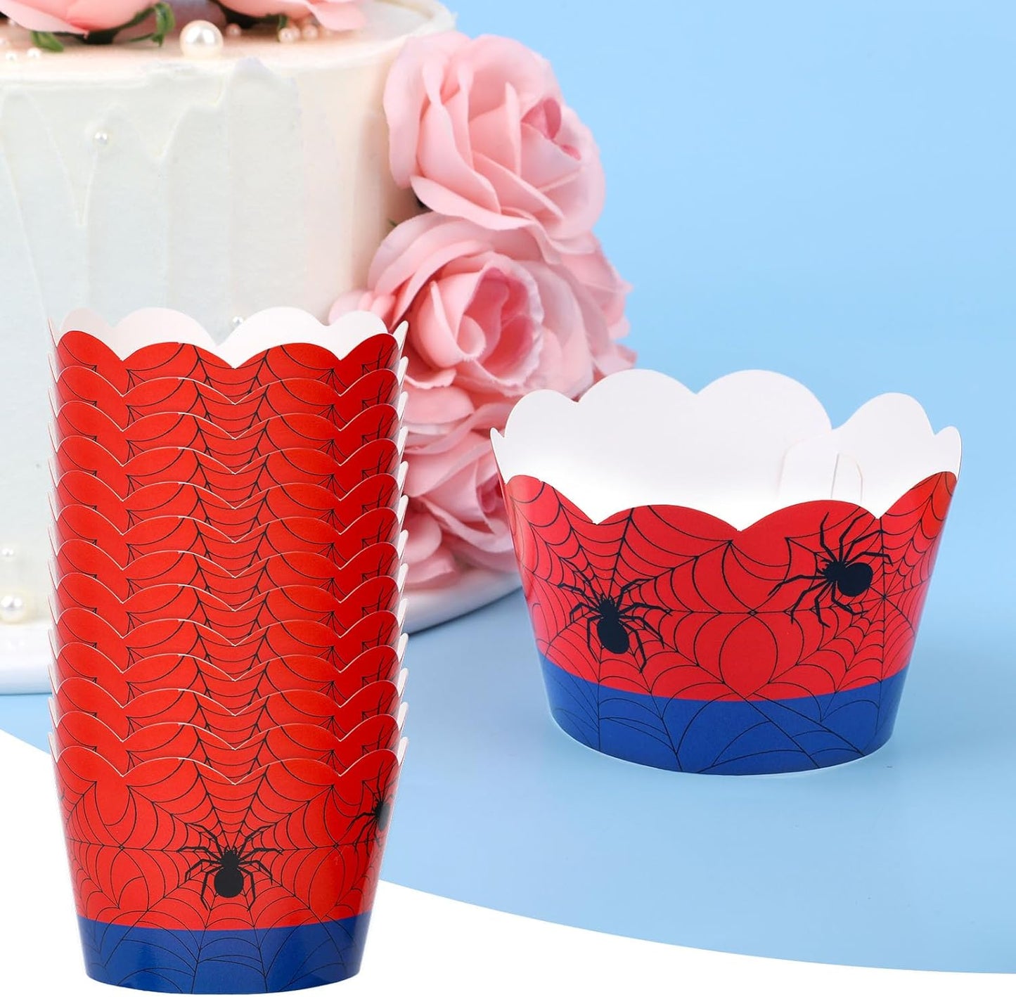 36pcs Spider Cupcake Wrappers, Spider Web Theme Cupcake Liners Paper Cups for Baking Muffin Cakes Ice Cream Dessert Decor Birthday Wedding Supplies (Red, Blue)