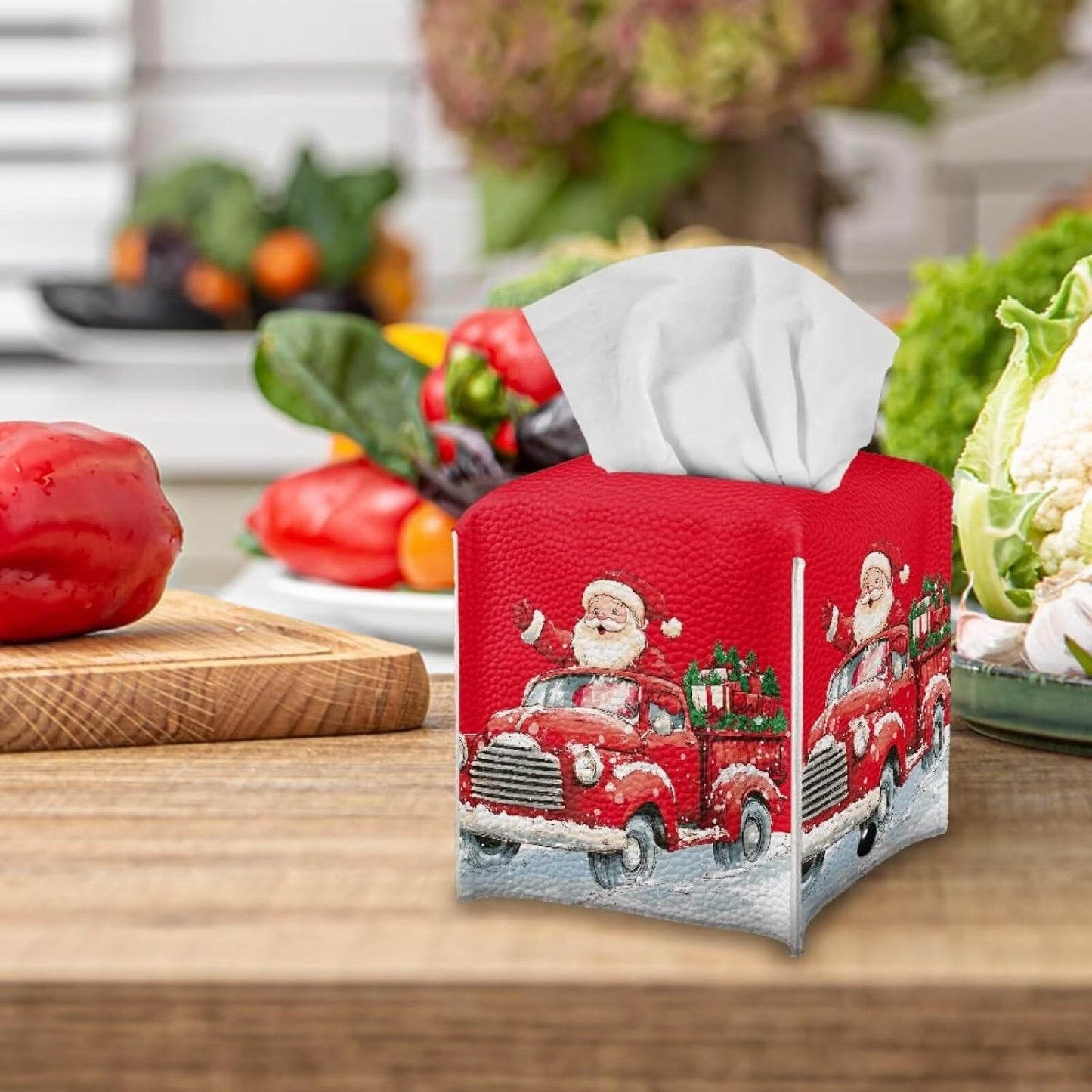 Christmas Tissue Box Cover Red Truck Tissue Box Holder Square Xmas Holiday Cute Tissue Box Modern Home Decor for Car Office Table Desk Kids Room
