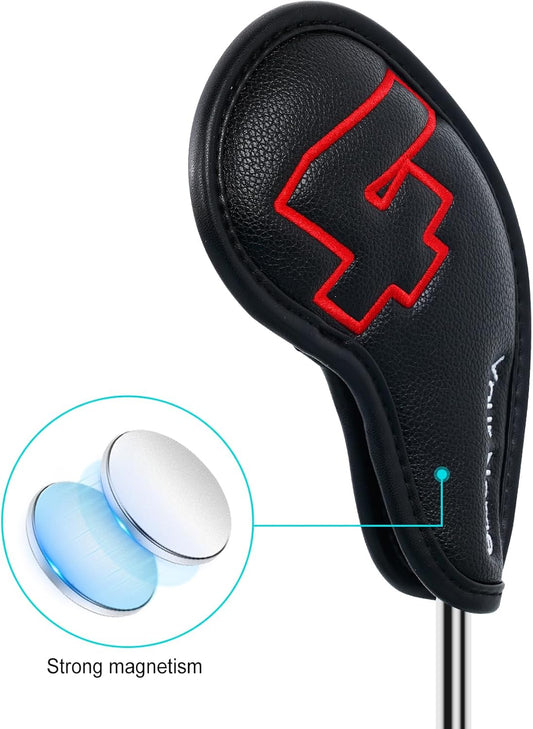 Craftsman Golf 10pcs Red No. on Both Sides Magnetic Closure Classic Black Leather Iron Headcover Covers Set Travel Cases Protector Available Custom with Name