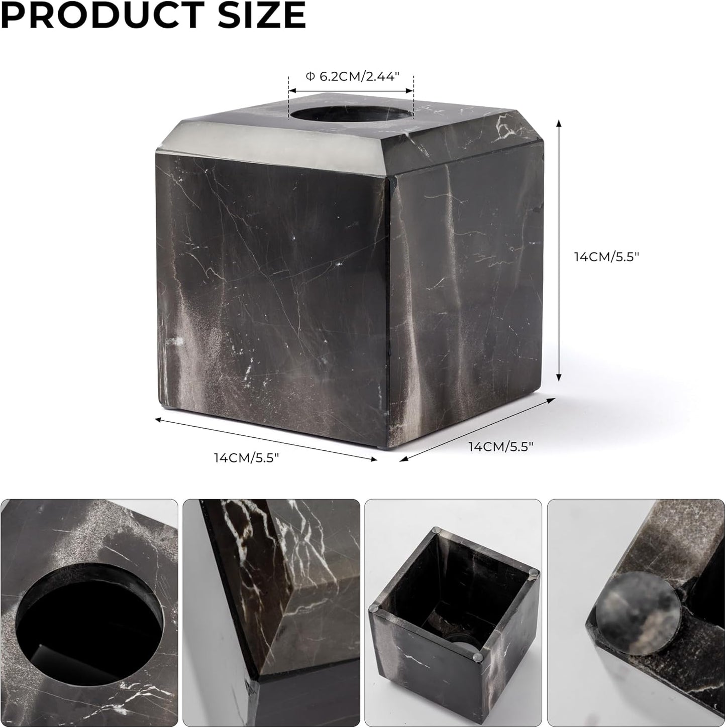 WORHE Tissue Box Cover Italy Natural Marble Heavy Duty Square Facial Toilet Paper Holder for Bathroom Living Room Bedroom Dresser Kitchen Minimalistic Office Home Decor Black (WH013)