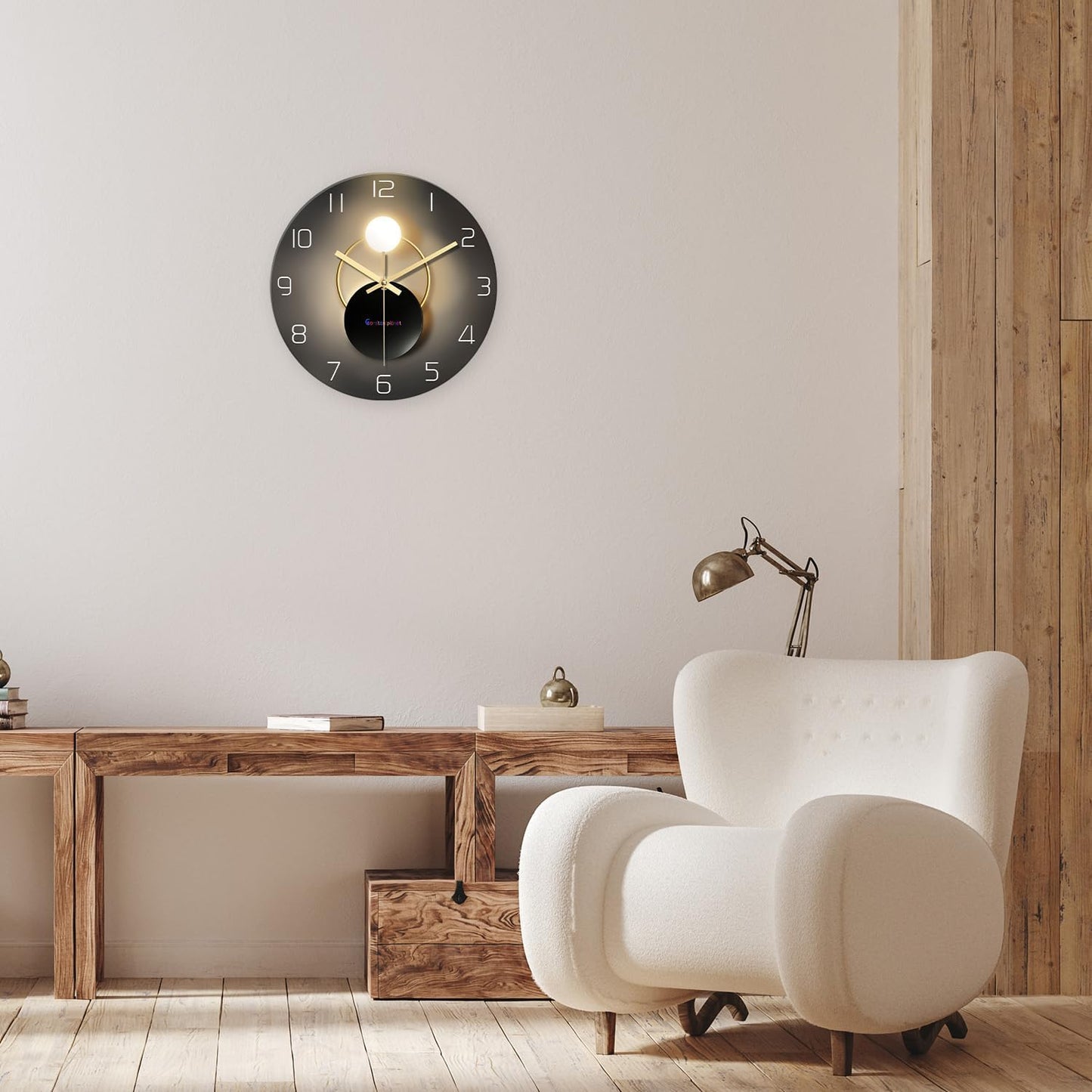 Large Wall Clocks Battery Operated 16 Inch Round Glass Analog Wall Clock Silent Black and Glod Quartz Wall Clock for Bedroom