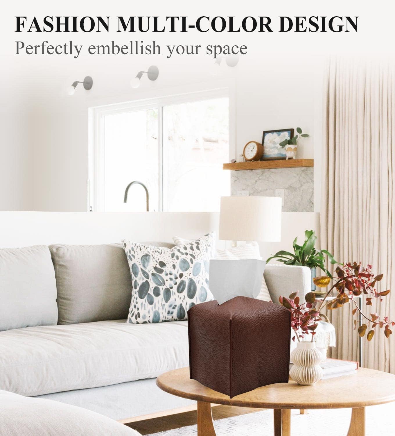 Livelab Tissue Box Cover, Square Decorative PU Leather Tissue Box Holder Modern Tissue Case Facial Paper Organizer Dispenser for Bathroom, Vanity Countertop, Night Stands, Desk 5X5X5'' | Dark Brown