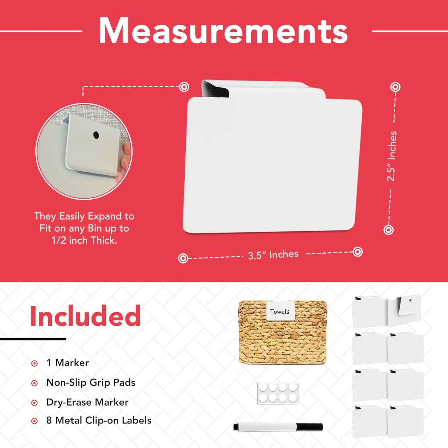 Labels for Storage Bins | Metal Storage Bin Clips (2.5” x 3.5”) - Set of 8 Basket Clip On Tags for Storage Bins w/Non-Slip Grip Pads & Dry Erase Marker - Removable Bin Labels for Storage Baskets