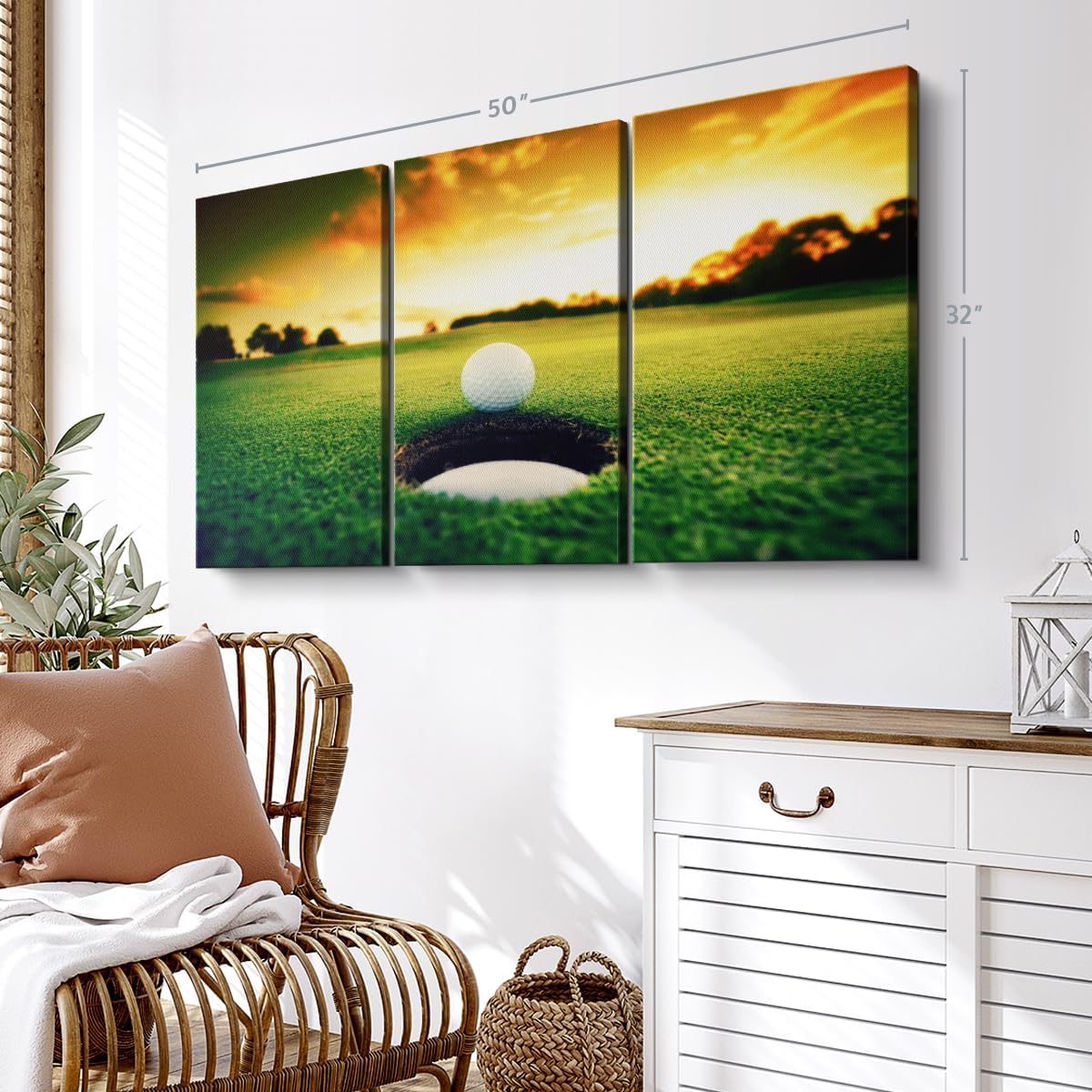 ElephantStock Golf Ball Wall Art - Horizontal Canvas - 3-Piece Living Room Wall Decor - Photography Sports Canvas Print - Orange and Yellow Decor for Wall - 50" X 32"