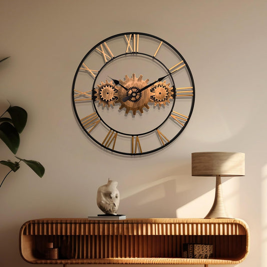Mid Century Wall Clock for Living Room Decor Gold Modern Metal Large Silent Kitchen Big Wall Clock Art for Bedroom Decorative Office Non Ticking Battery Operated Wall Watch 24 Inch