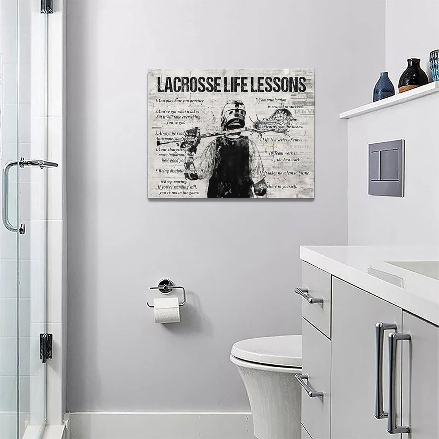 Lacrosse Sports Wall Art Life Lessons Sign Retro Poster for Boy Men Room Motivational Decorations Canvas Print Painting Artwork for Bedroom Bathroom Living Room 16"x12"
