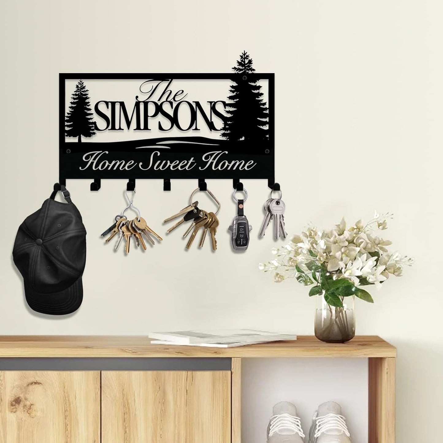 NIWAHO Personalized Family Name Metal Wall Sign with Hooks – Tree Key Rack Holder Wall Mount Customized Name for Entryway, Mudroom, Kitchen, or Cabin Decor