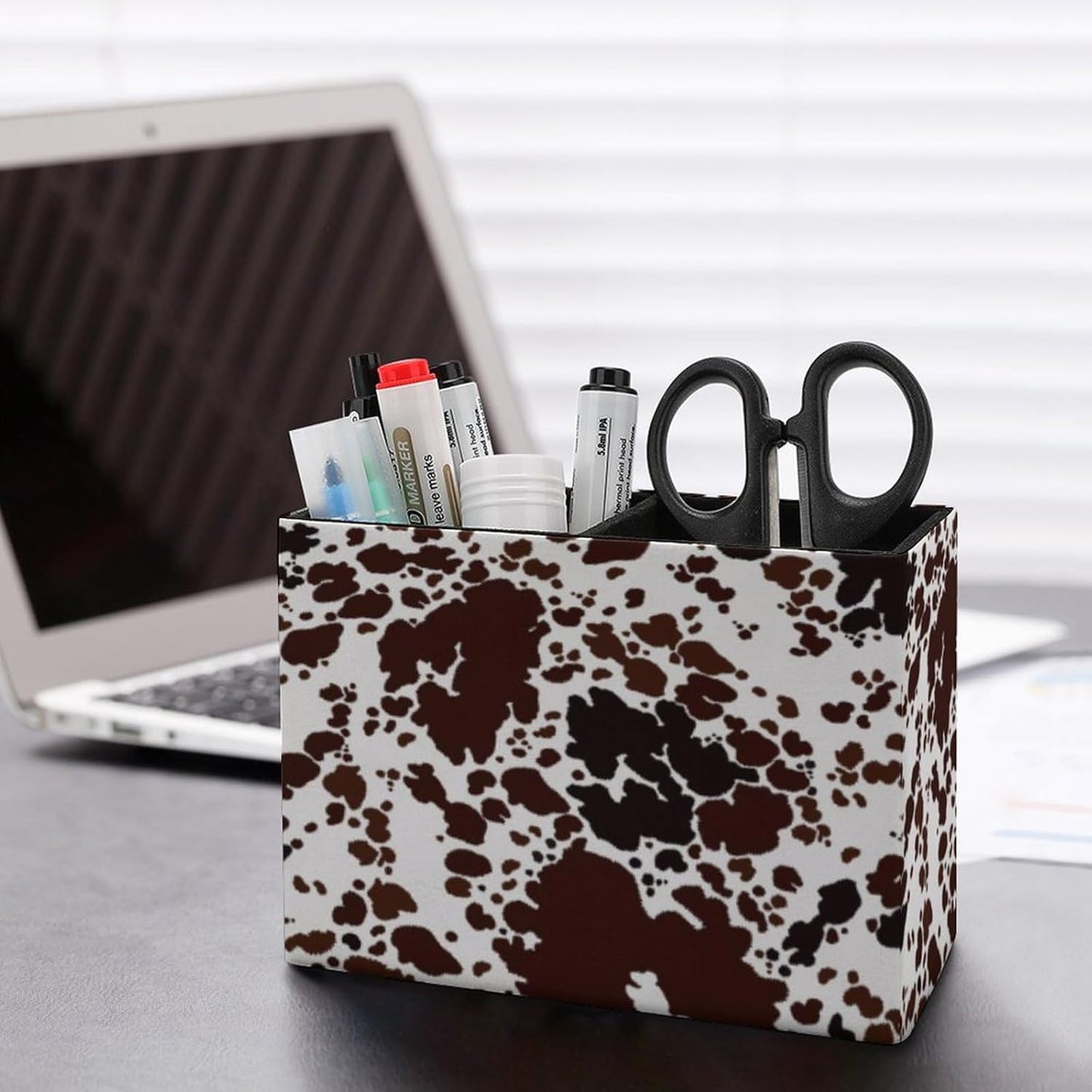 Pen Holder, Pencil Holder for Desk Organizer, Cow Print Brown Spots PU Leather Pencil Cups Desktop Stationery Storage Makeup Brush Holder Pen Organizer for Office Home
