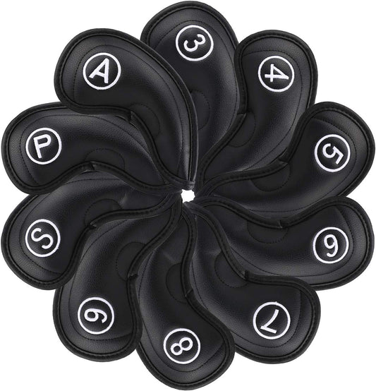 Golf Irons Club Head Covers, Golf 10pcs Set Thick PU Leather Waterproof Head Covers with Number Tag 3-9/A/P/S Fit Most Irons Club