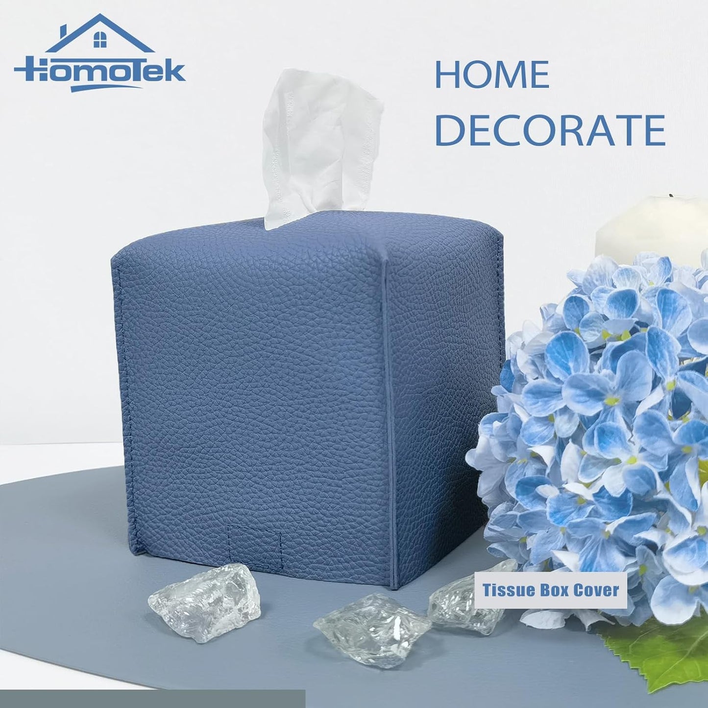 HOMOTEK 2 Pack Tissue Box Cover, Square PU Leather Tissue Holder, Decorative Facial Tissue Cube Paper Organizer Dispenser for Bathroom, Night Stands, Desk, Car 5X5X5'' - Haze Blue, Pebble Grain