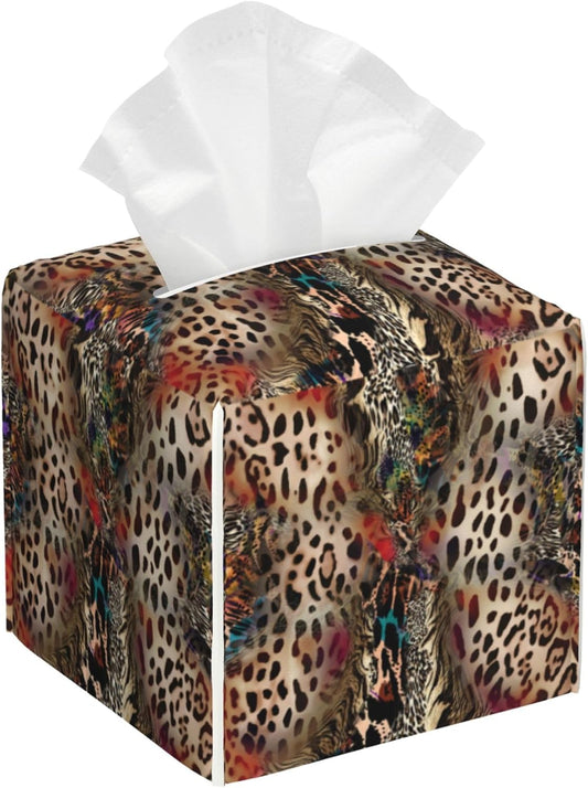 Leather Tissue Box Holder African Animal Leopard Print Tissue Box Cover Square Waterproof Tissue Holder Organizer Modern Napkin Holder for Bedroom Dresser Night Stand Office Desk