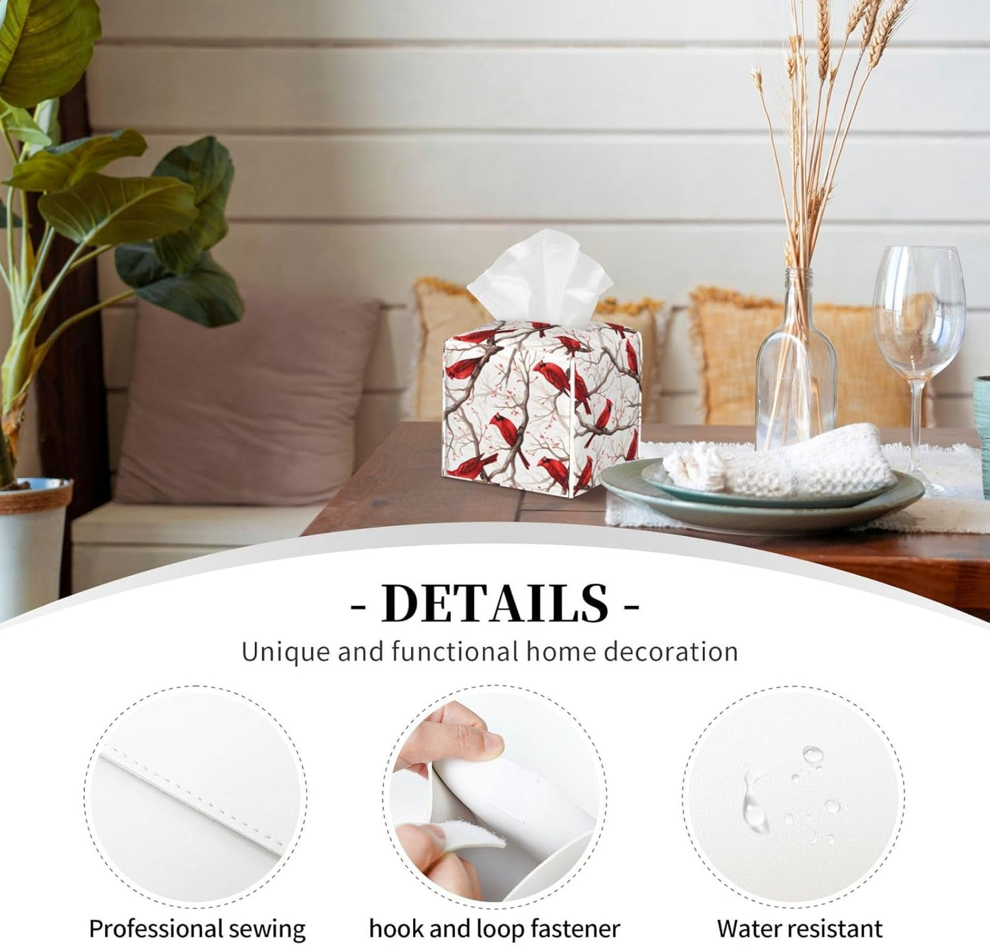 Tissue Box Cover Winter Christmas Red Bird Square PU Leather Tissue Box Holder for Car Bathroom Bedroom Desk Tabletop Decor