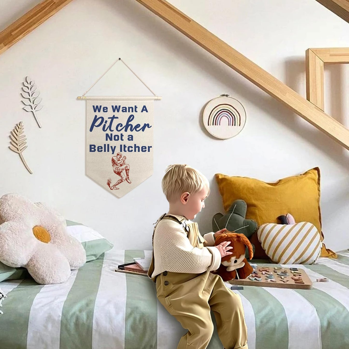 ArtisaEura Inspirational Wall Canvas Banners, We Want a Pitcher Not a Belly Itcher Hanging Display Pennant Banner Flags, Vintage Baseball Wall Decor for Kids Boys Toddler Room Playroom