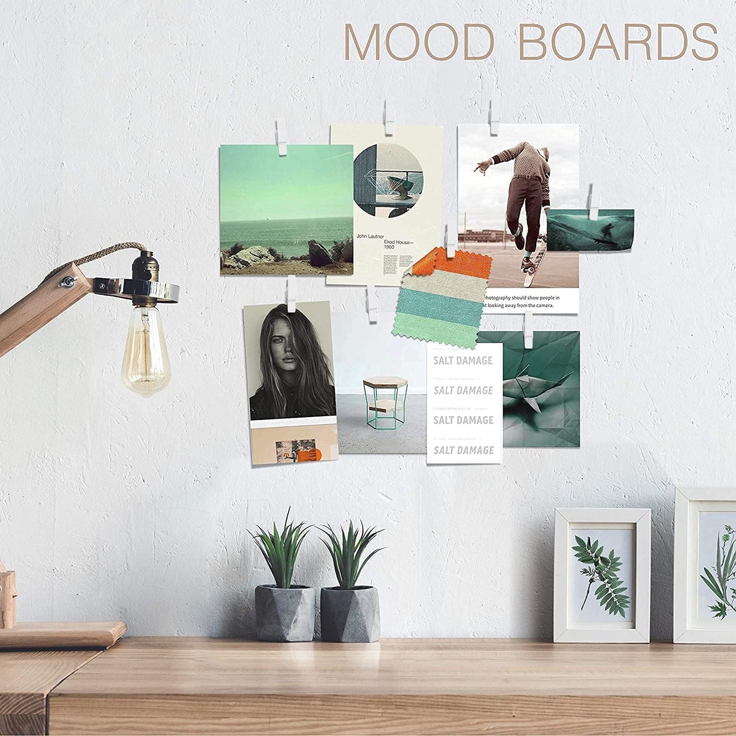 20 Pack Mini Self Adhesive Clips for Pictures - White Wood Clip Photo Holders for Wall, Poster Hanger, Photo Cards Hanging Display Board & Picture Boards, Artwork Photos Holders Card Room Decor