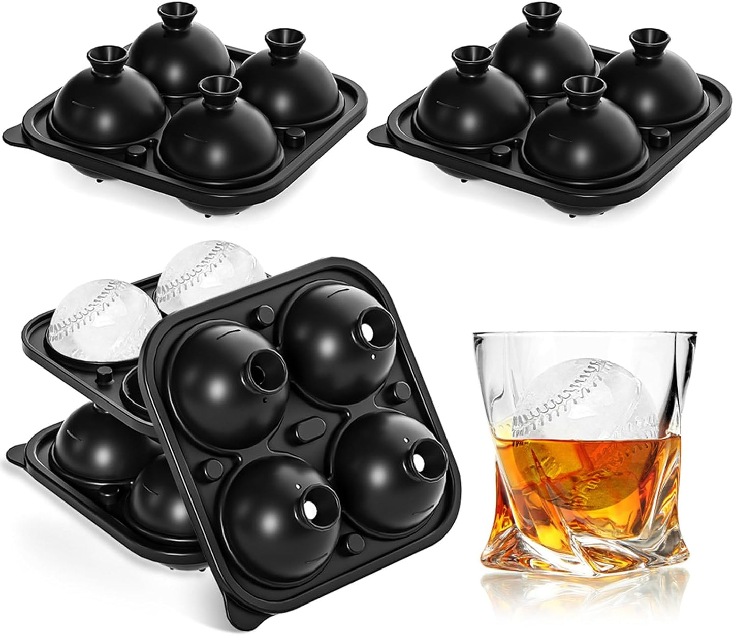 4 Pack Baseball Ice Cube Mold 2.2 Inch Large Silicone Round Ice Cube Molds Fun Shapes Craft Sphere Ice Molds Novelty Gifts Stuff for Men and Women Cocktails, Bourbon,Brandy, Whiskey(4, Baseball)